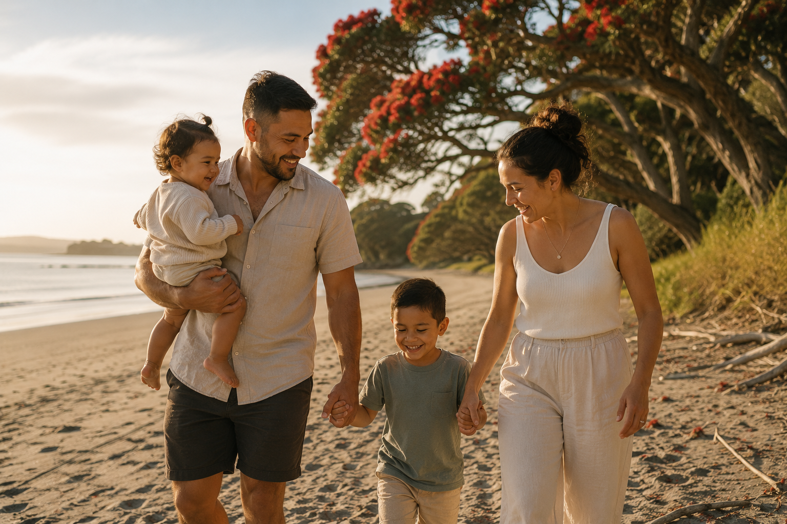 Image of a family holding hands walking on the beach